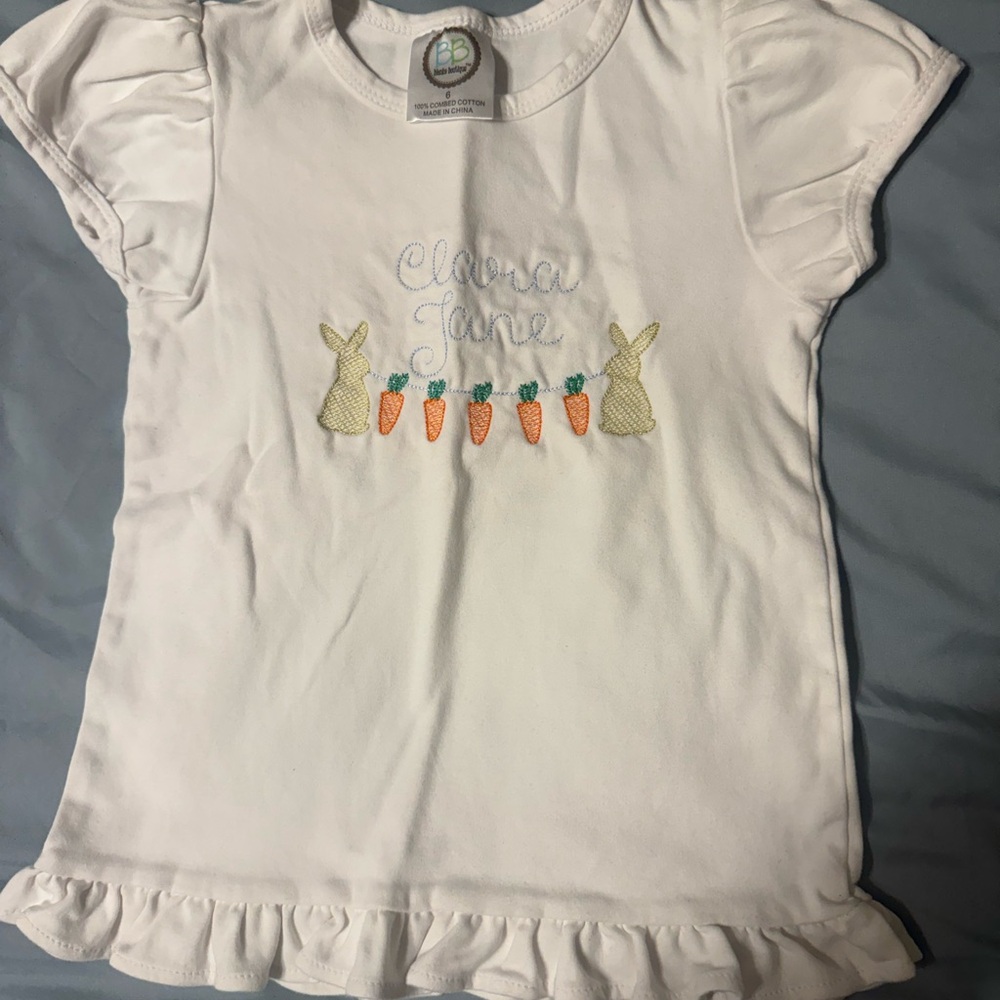 “CLARA JANE” 🐇 custom embroidered Easter ruffle shirt. Girls size 6